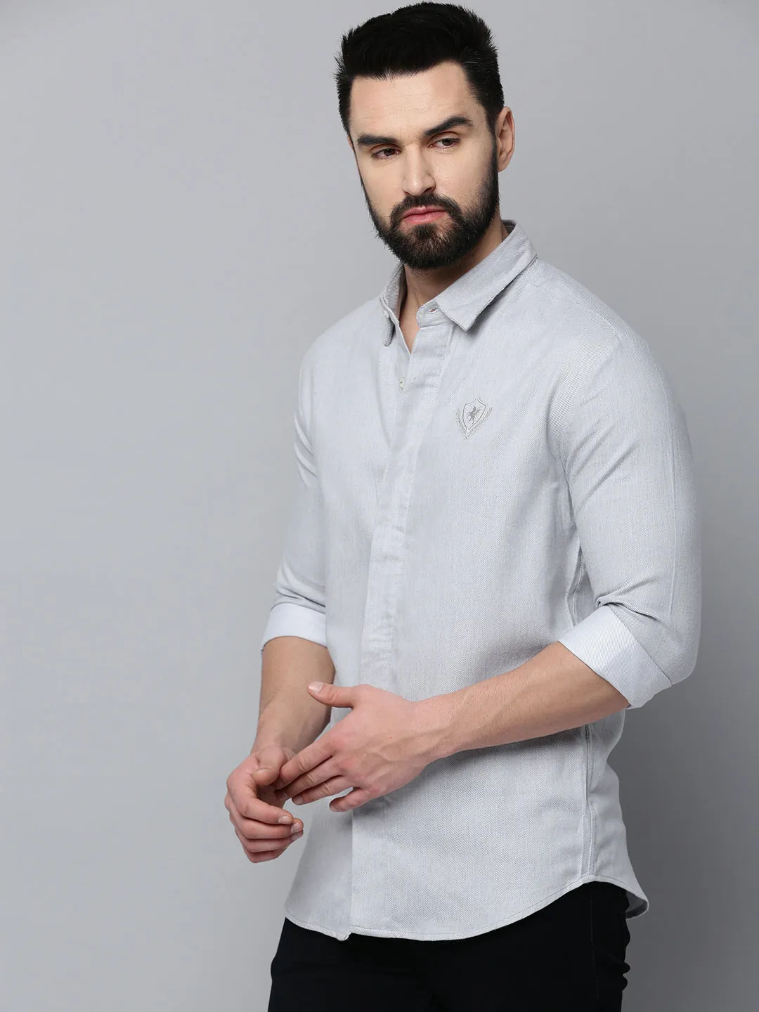 Men Grey Spread Collar Long Sleeves Cotton Casual Shirt