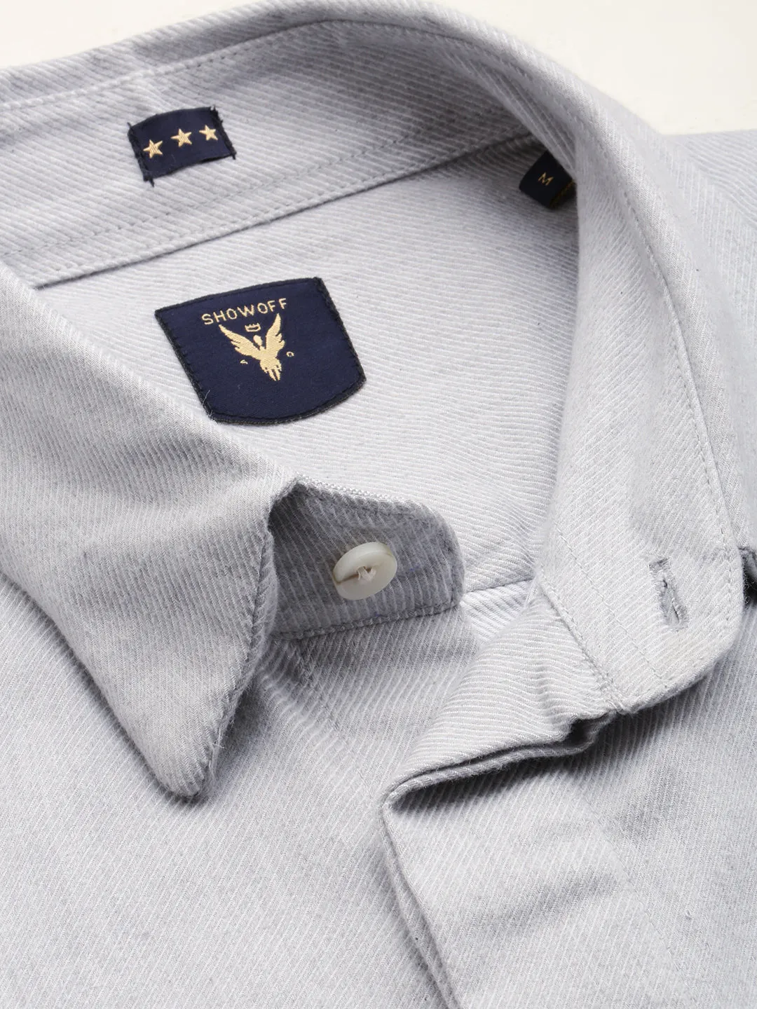Men Grey Spread Collar Long Sleeves Cotton Casual Shirt