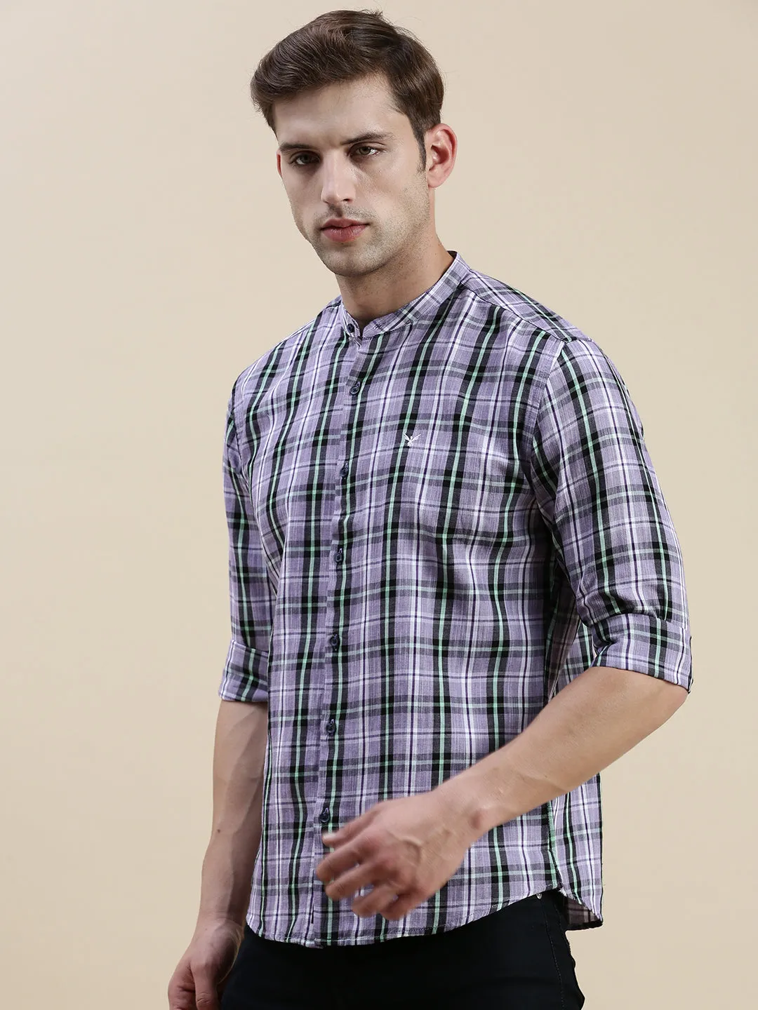 Men Lavender Standard Slim Fit Tartan Checks Mandarin Collar Cotton Casual Shirt