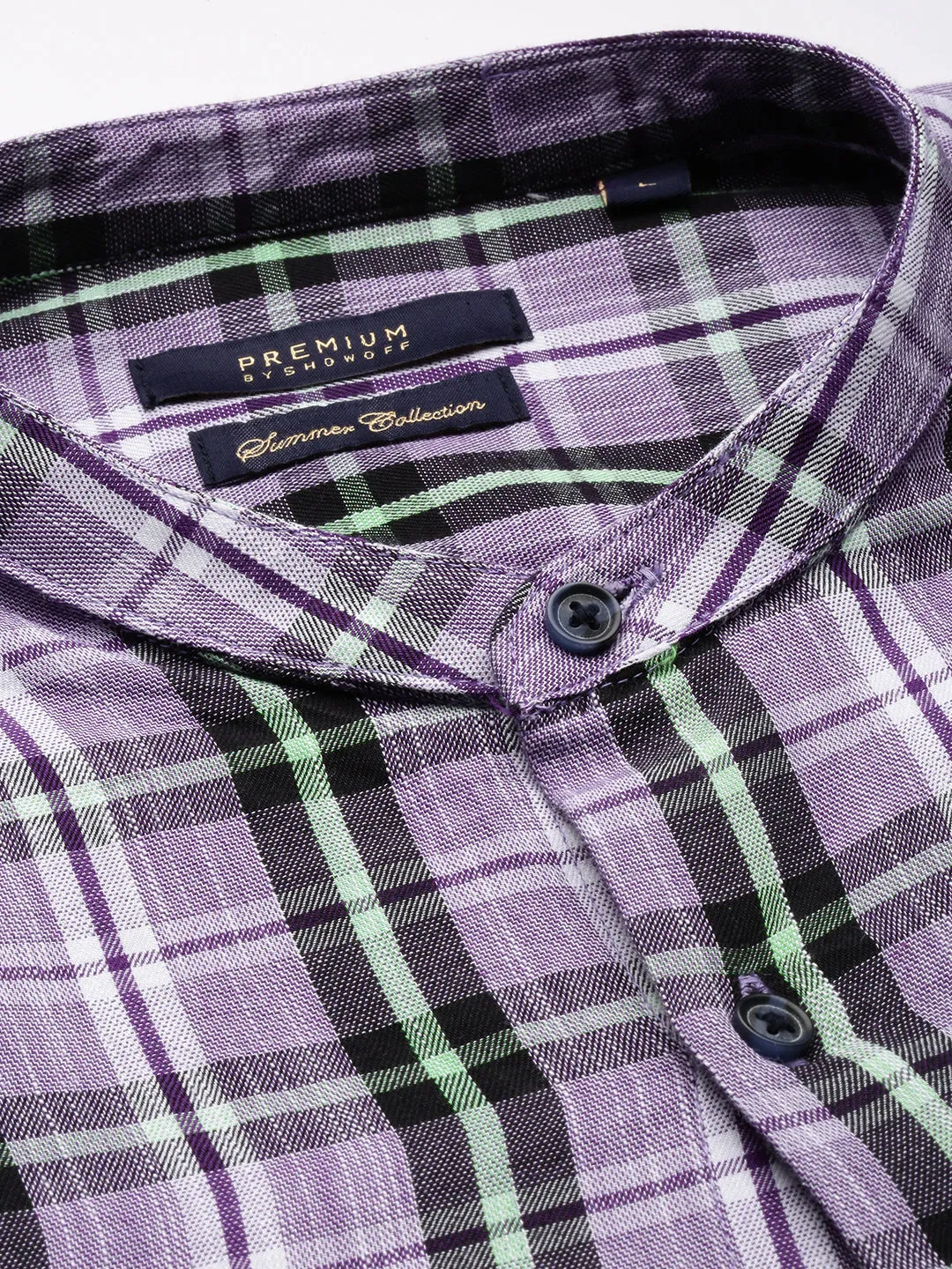 Men Lavender Standard Slim Fit Tartan Checks Mandarin Collar Cotton Casual Shirt
