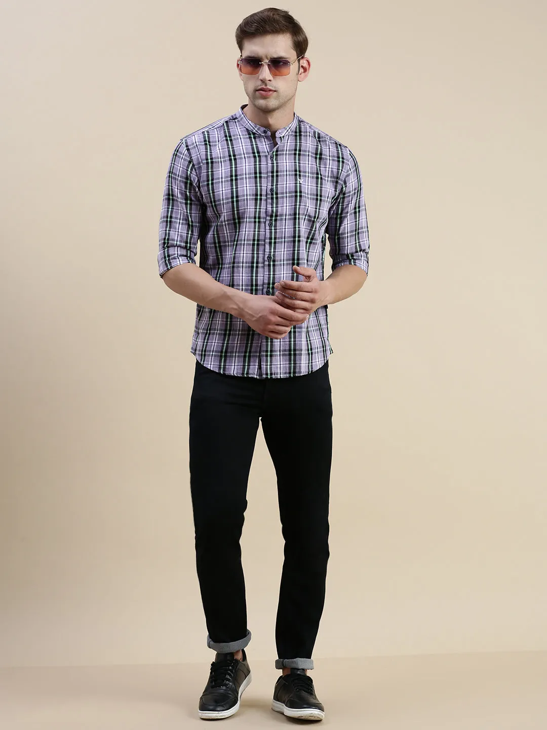 Men Lavender Standard Slim Fit Tartan Checks Mandarin Collar Cotton Casual Shirt