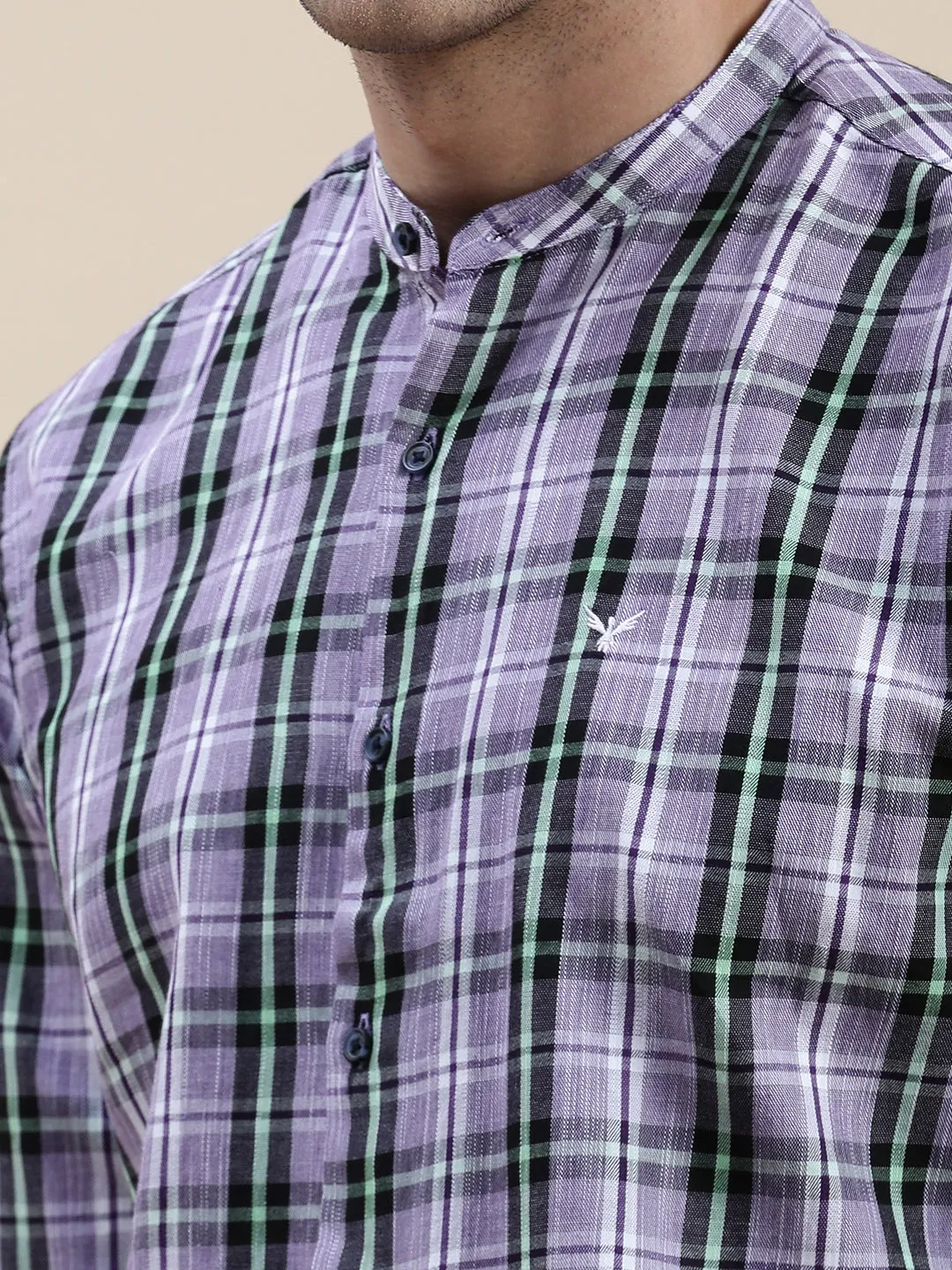 Men Lavender Standard Slim Fit Tartan Checks Mandarin Collar Cotton Casual Shirt