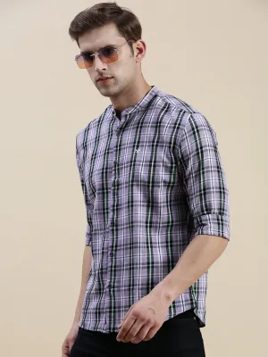 Men Lavender Standard Slim Fit Tartan Checks Mandarin Collar Cotton Casual Shirt