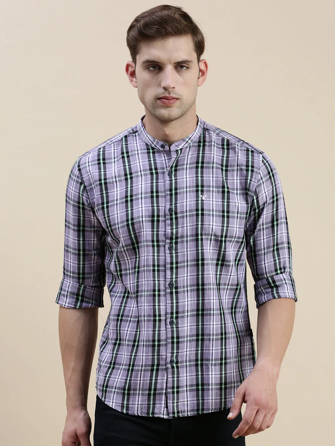 Men Lavender Standard Slim Fit Tartan Checks Mandarin Collar Cotton Casual Shirt