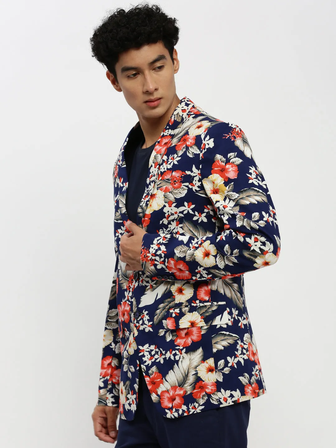 Men Navy Blue Floral Printed Single Breasted Slim Fit Blazer