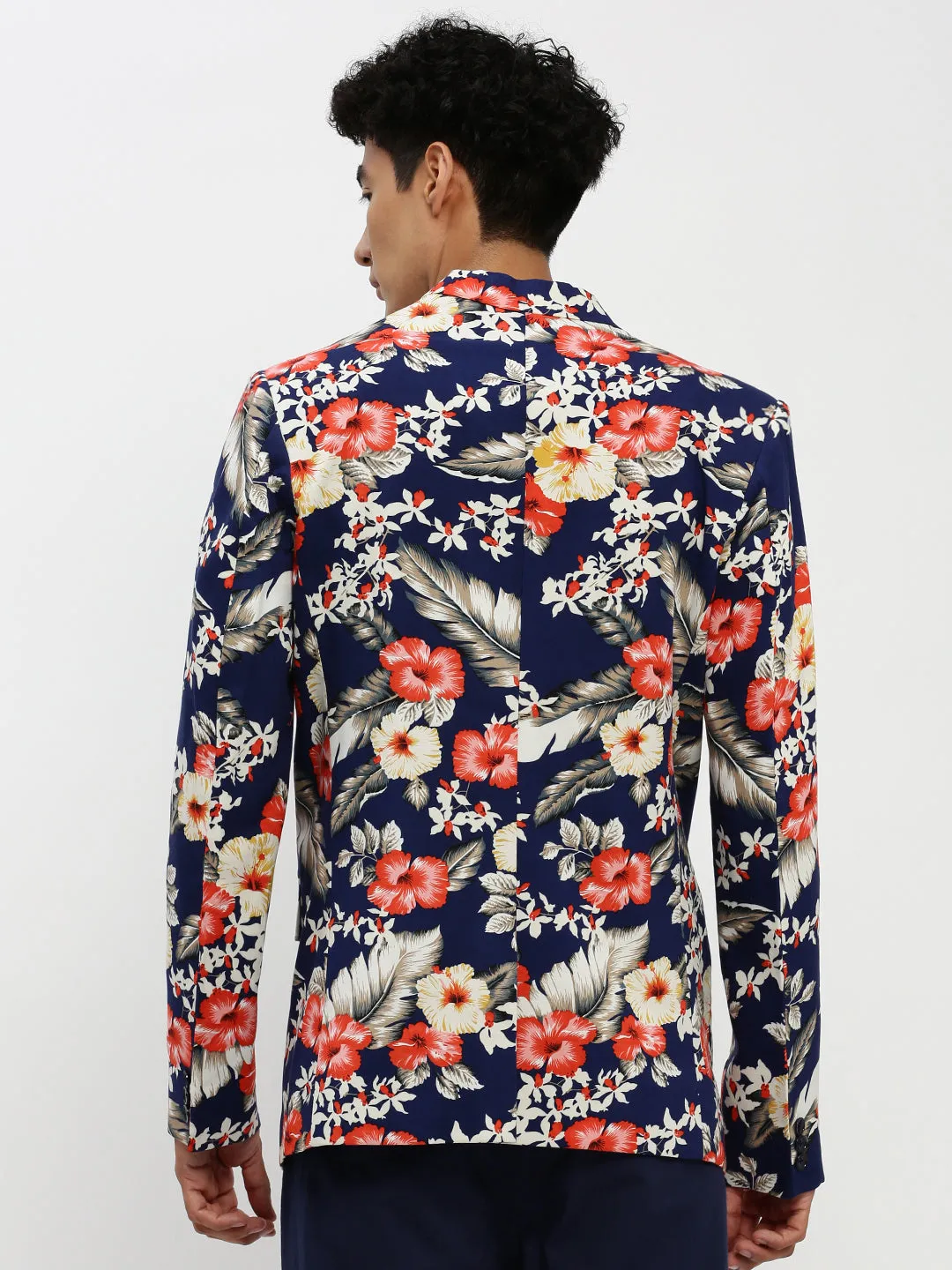 Men Navy Blue Floral Printed Single Breasted Slim Fit Blazer