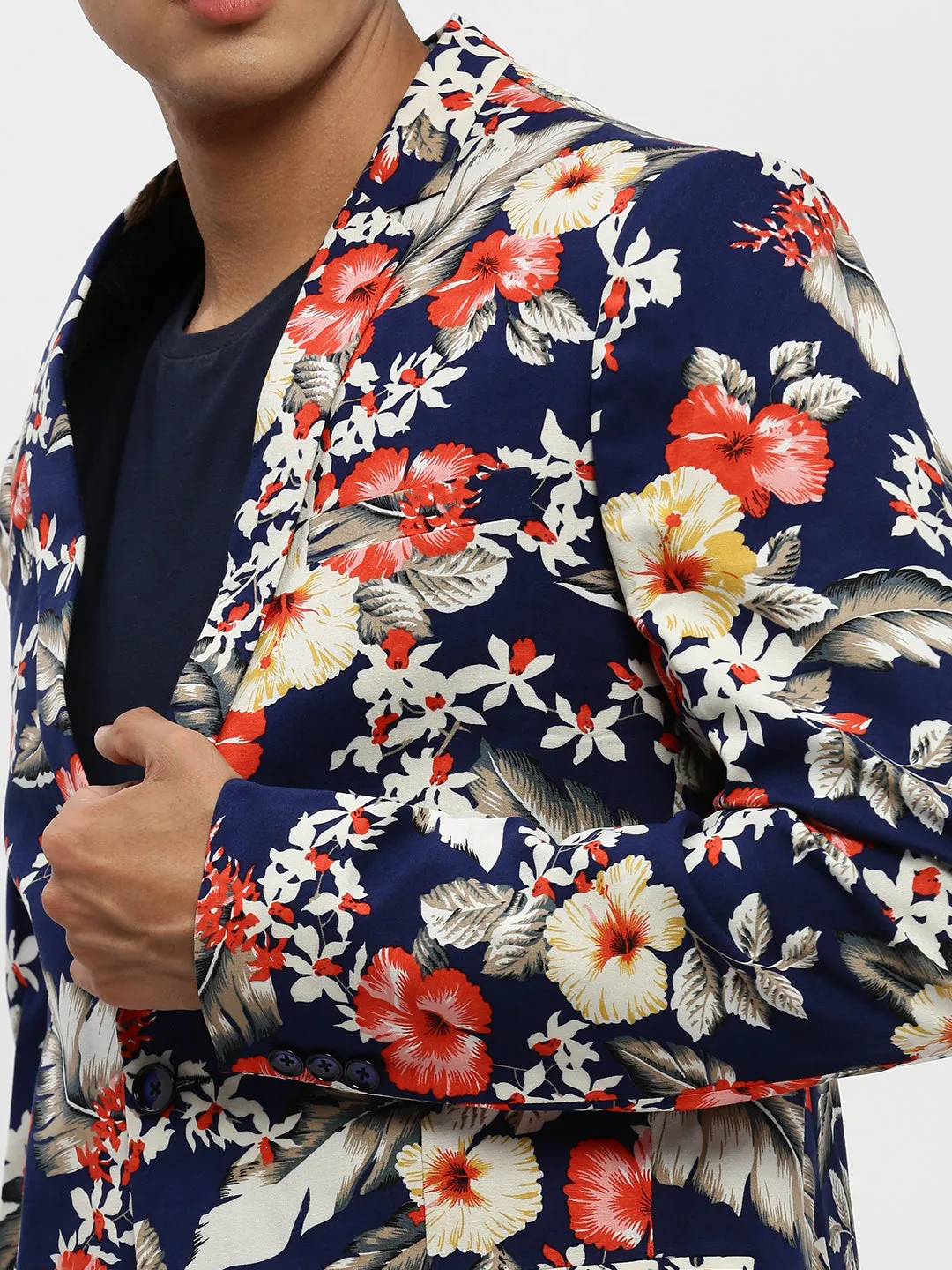 Men Navy Blue Floral Printed Single Breasted Slim Fit Blazer