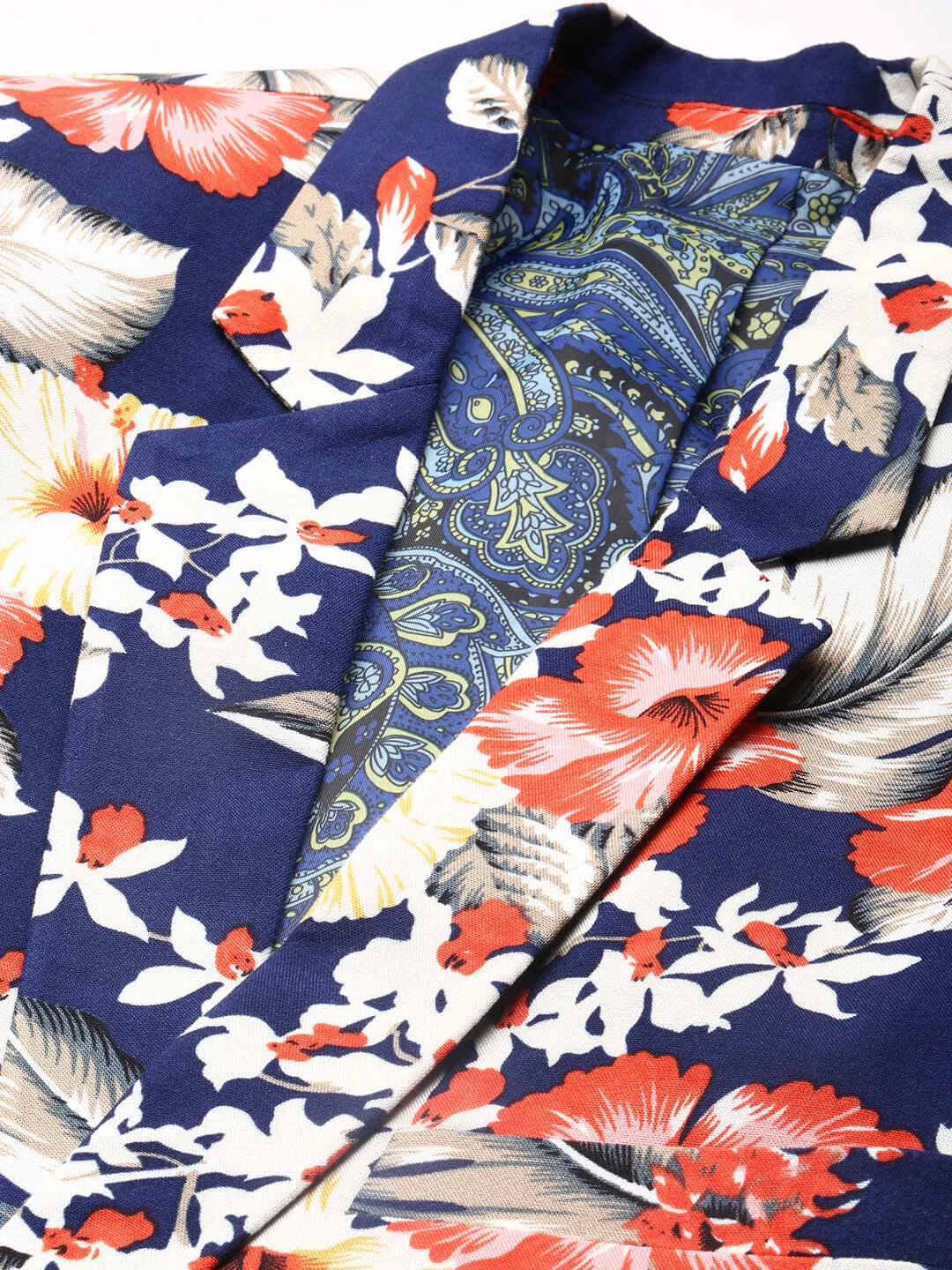 Men Navy Blue Floral Printed Single Breasted Slim Fit Blazer