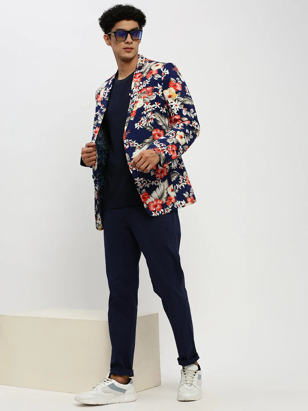Men Navy Blue Floral Printed Single Breasted Slim Fit Blazer