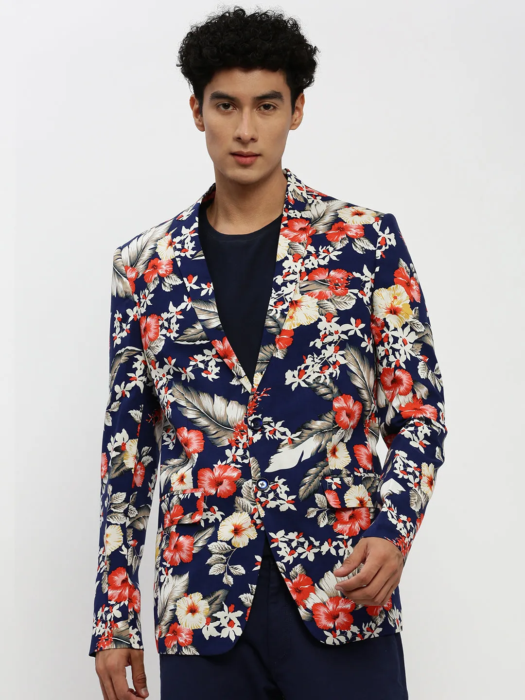 Men Navy Blue Floral Printed Single Breasted Slim Fit Blazer