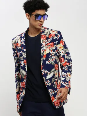 Men Navy Blue Floral Printed Single Breasted Slim Fit Blazer
