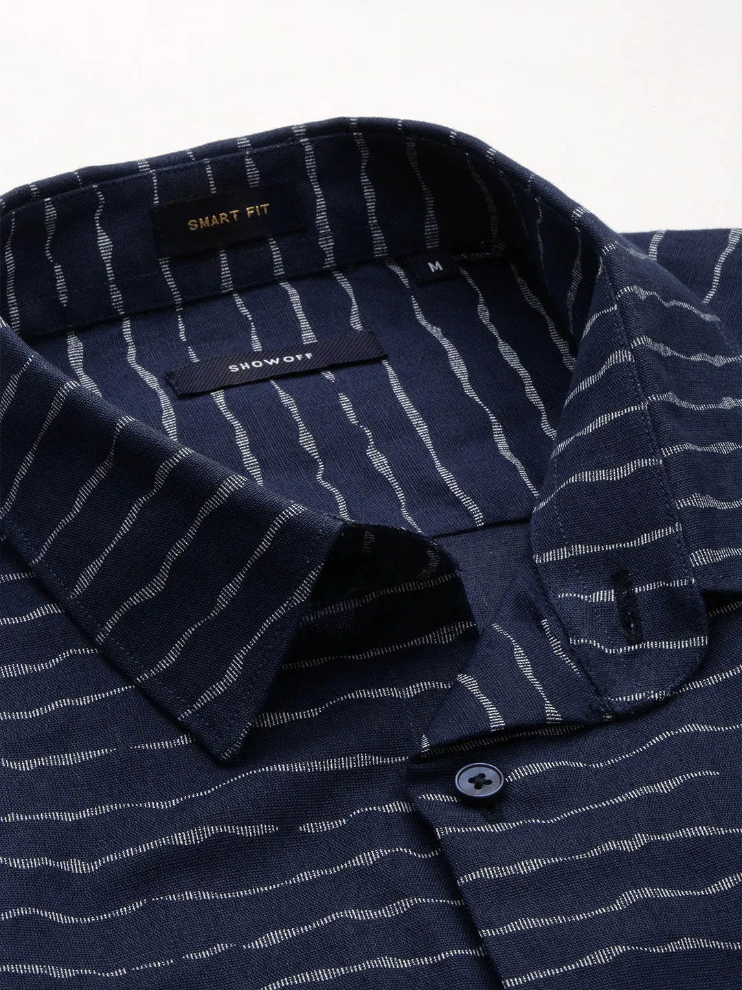 Men Navy Blue Smart Slim Fit Horizontal Striped Cotton Casual Shirt