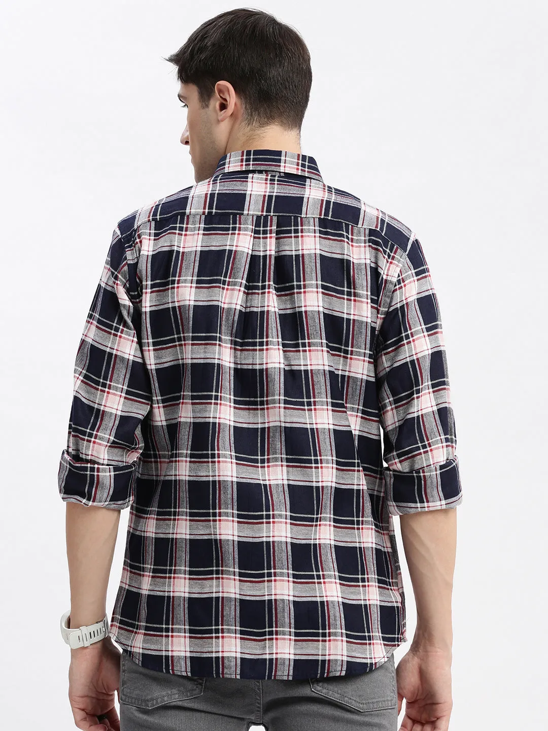 Men Navy Blue Standard Slim Fit Tartan Checks Opaque Cotton Casual Shirt