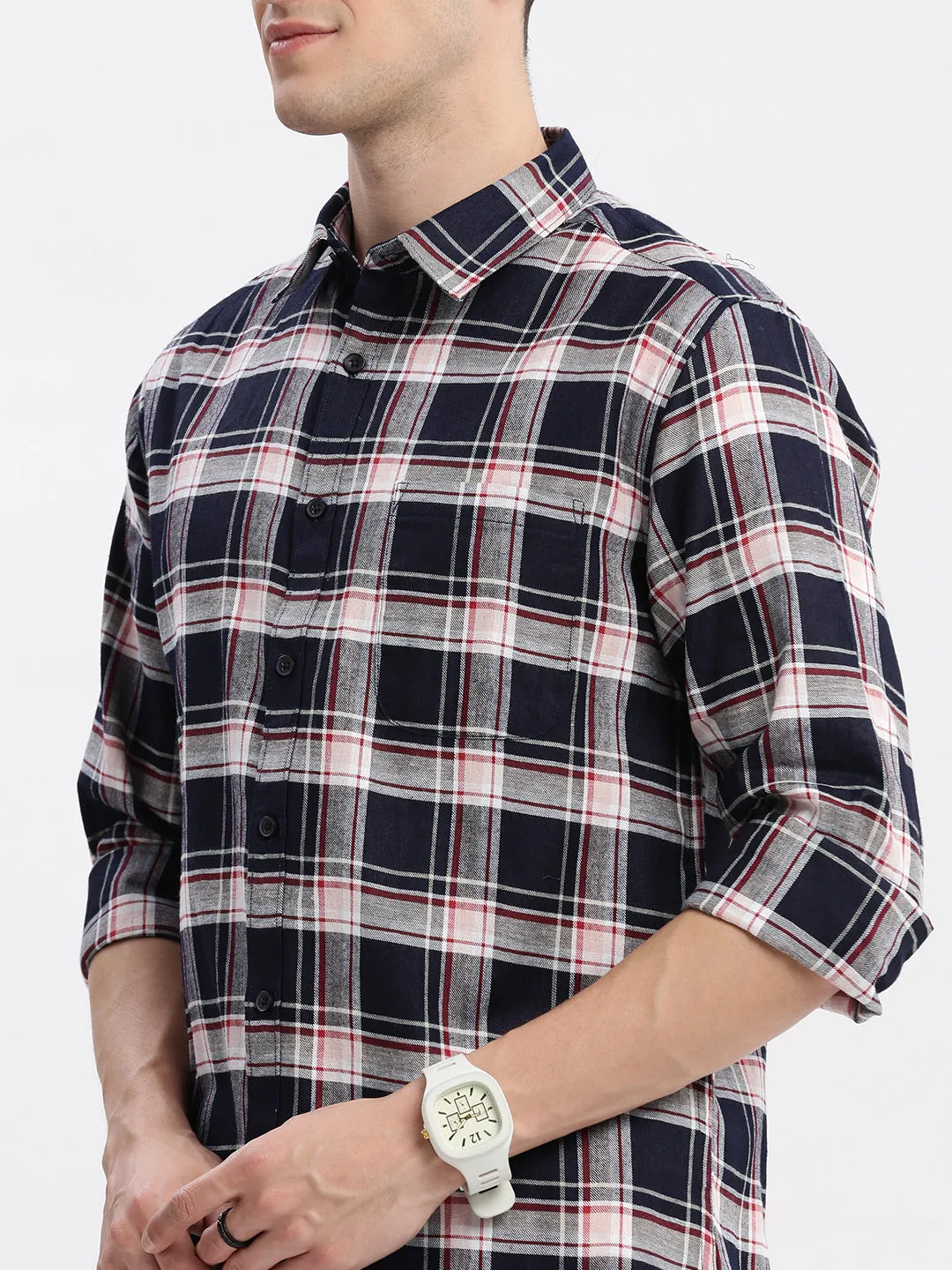 Men Navy Blue Standard Slim Fit Tartan Checks Opaque Cotton Casual Shirt