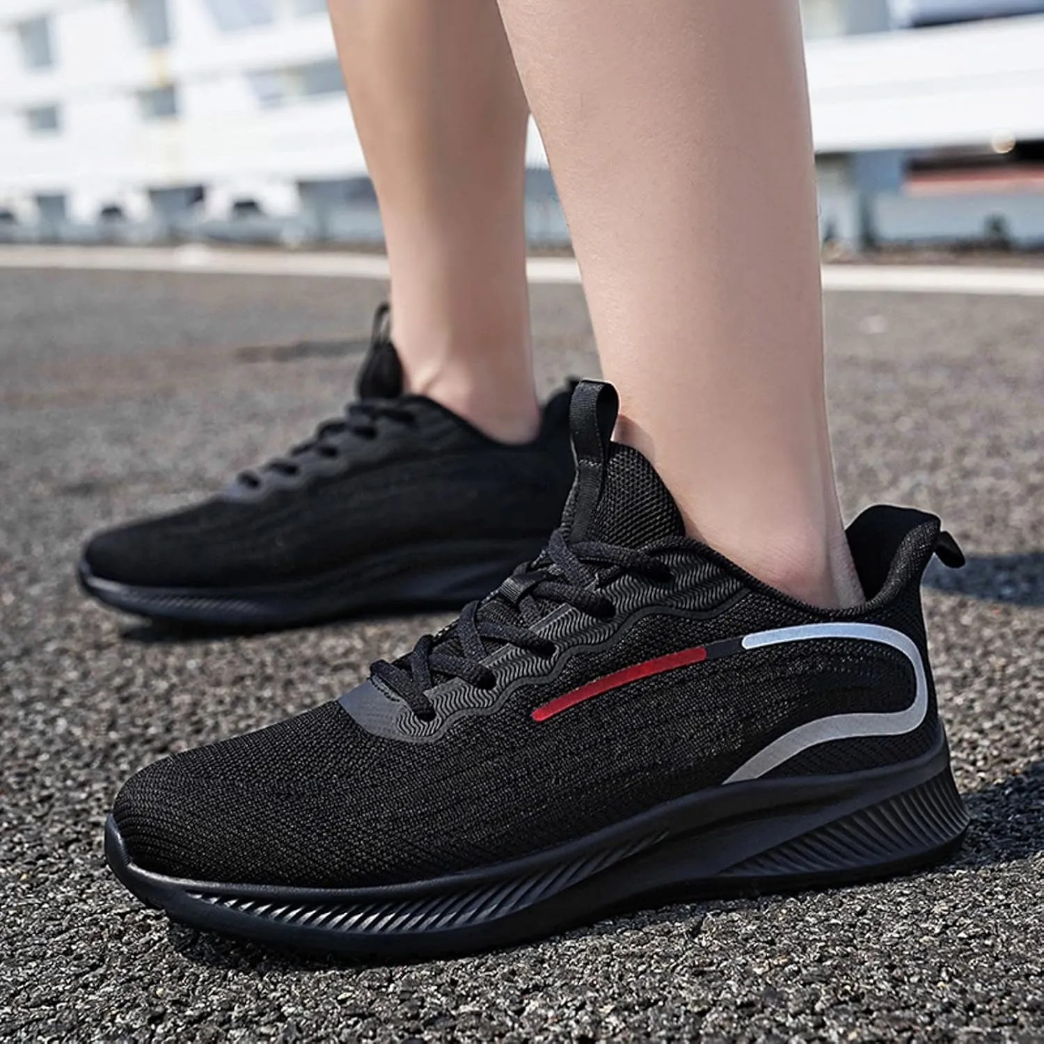 Mens Non Slip Arch Support Walking Sneakers Lightweight Breathable Mesh Slip on Cushion Running Shoes Athletic Gym Tennis Shoes for Men All Day Comfort Work Footwear Black