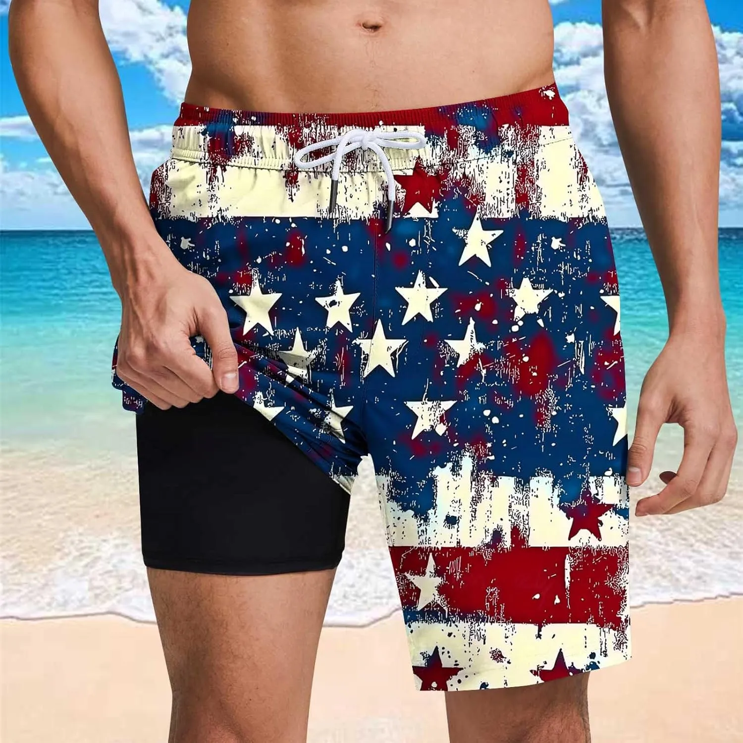 Mens Swim Trunks with Compression Liner 5 Inch Inseam Quick Dry Bathing Suit 2 in 1 Independence Day Print Board Shorts