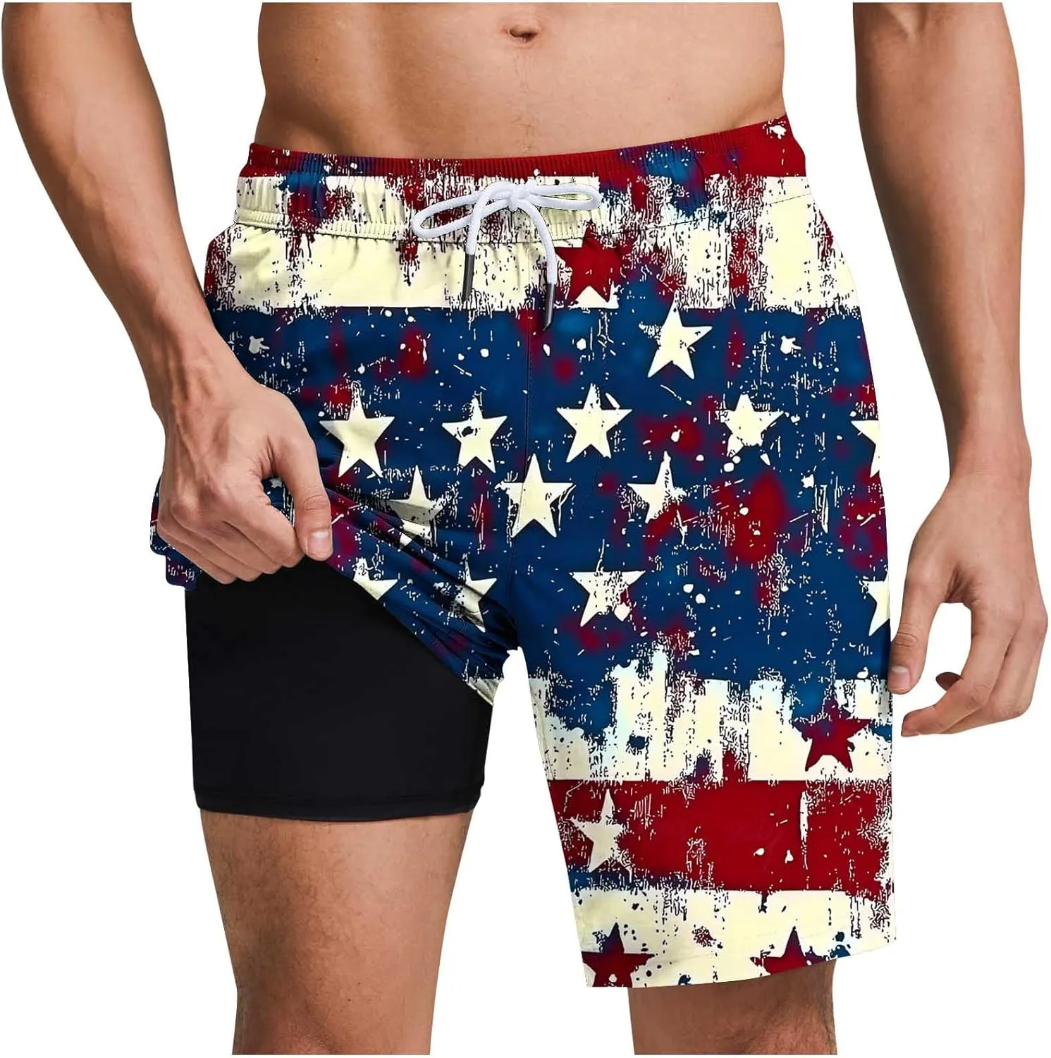 Mens Swim Trunks with Compression Liner 5 Inch Inseam Quick Dry Bathing Suit 2 in 1 Independence Day Print Board Shorts