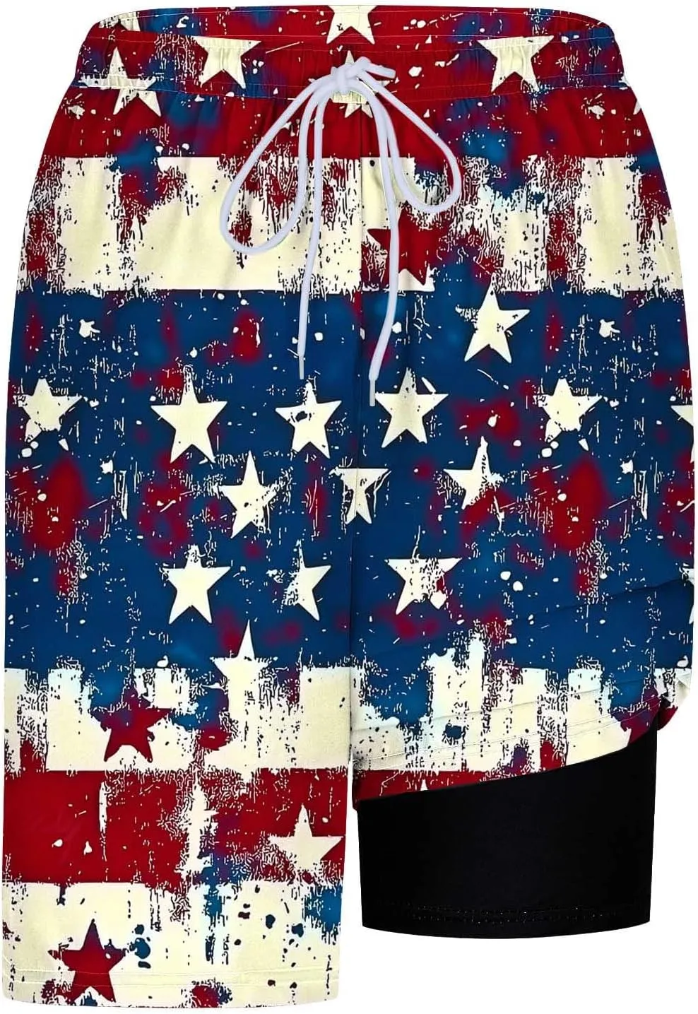 Mens Swim Trunks with Compression Liner 5 Inch Inseam Quick Dry Bathing Suit 2 in 1 Independence Day Print Board Shorts