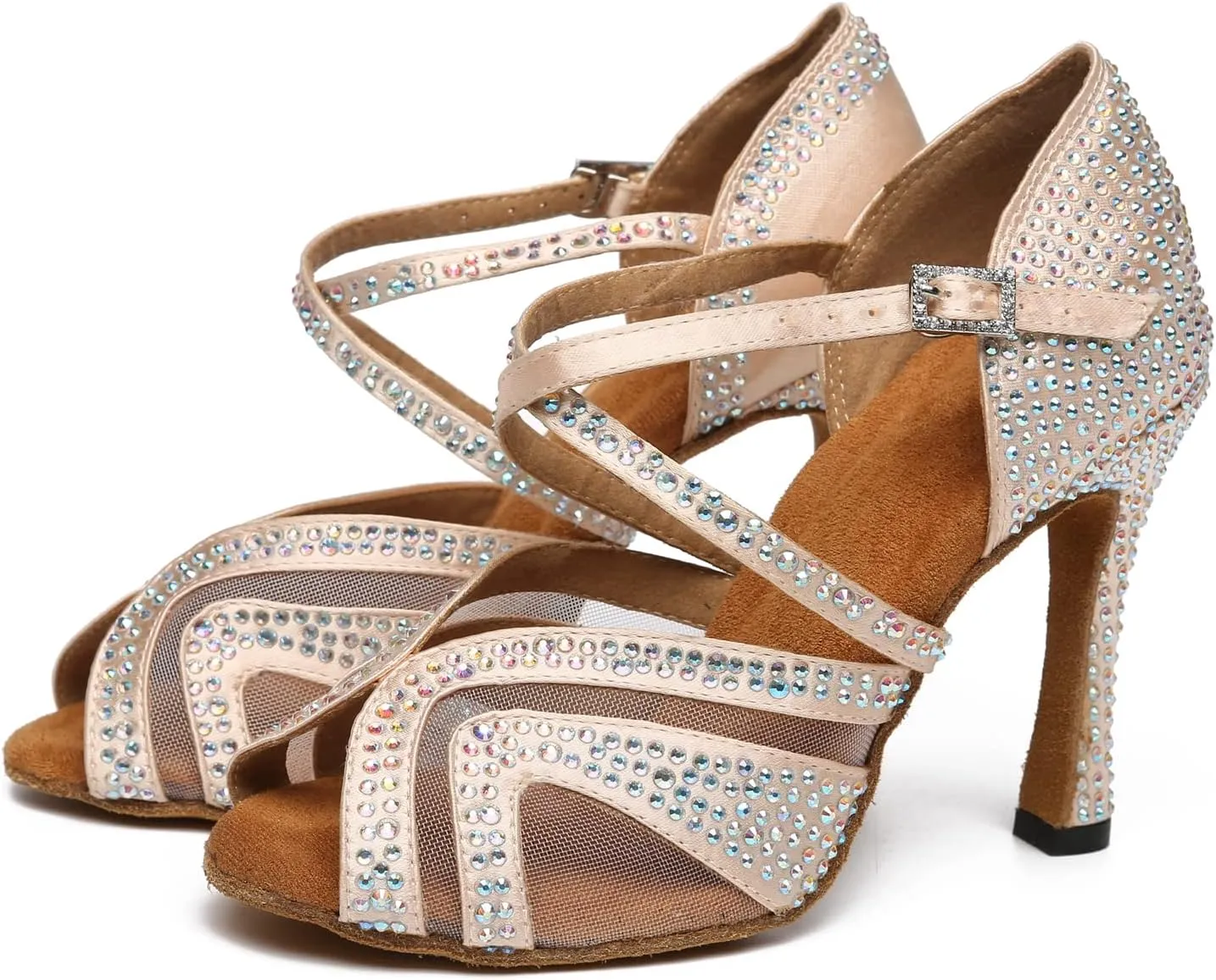 Minishion Womens Elegant Dancing Heels Mesh Crystals Beaded Party Shoes L490
