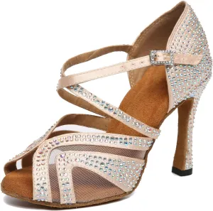 Minishion Womens Elegant Dancing Heels Mesh Crystals Beaded Party Shoes L490