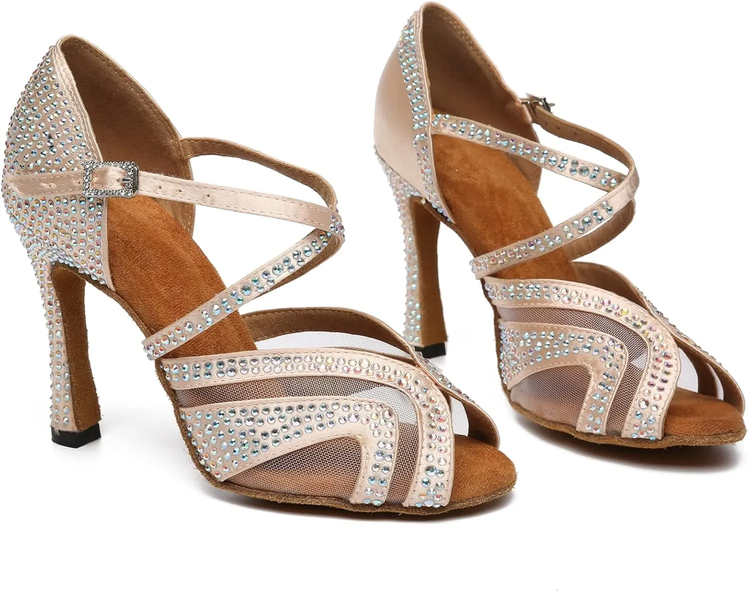 Minishion Womens Elegant Dancing Heels Mesh Crystals Beaded Party Shoes L490
