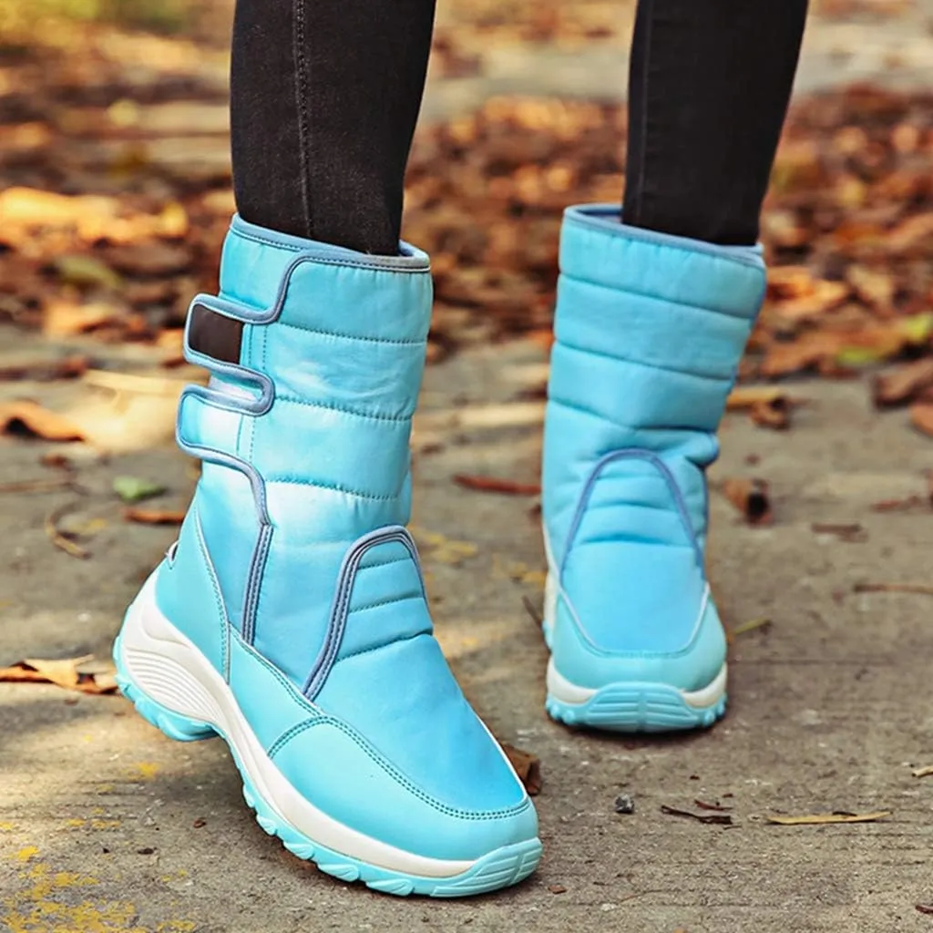 MIOKE Women's Waterproof Rain Snow Boots Winter Mid Wide Calf Platform Hook-and-Loop Fashion Ski Snow Boot