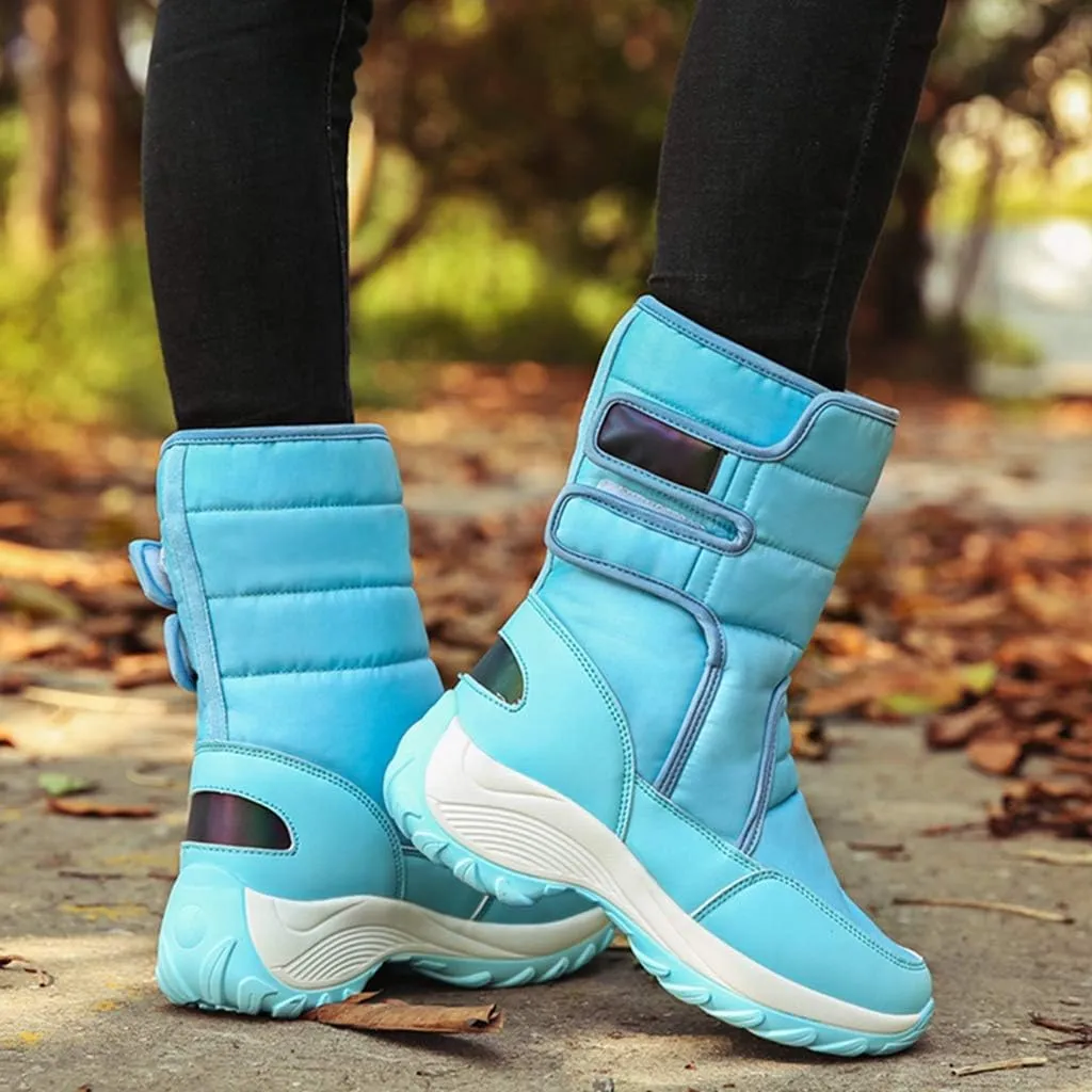 MIOKE Women's Waterproof Rain Snow Boots Winter Mid Wide Calf Platform Hook-and-Loop Fashion Ski Snow Boot