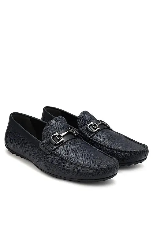 Navy Leather Moccasins With Buckle