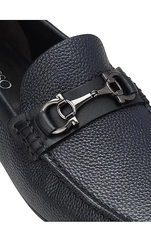 Navy Leather Moccasins With Buckle