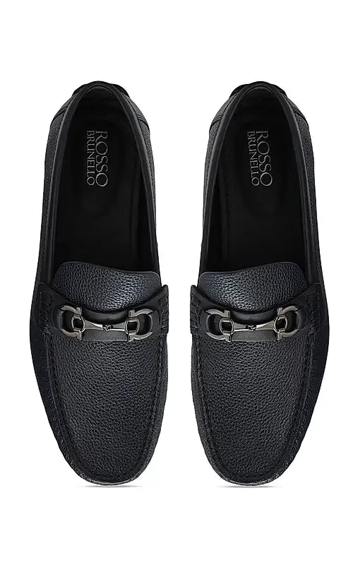 Navy Leather Moccasins With Buckle