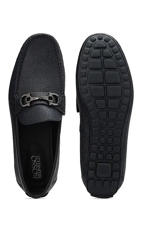 Navy Leather Moccasins With Buckle