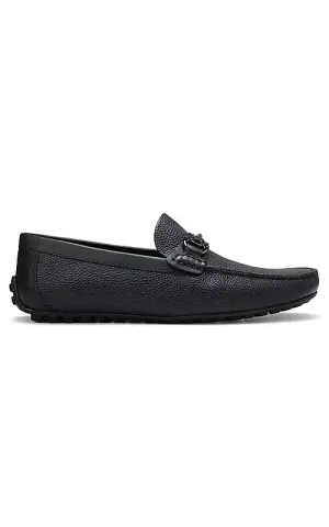 Navy Leather Moccasins With Buckle