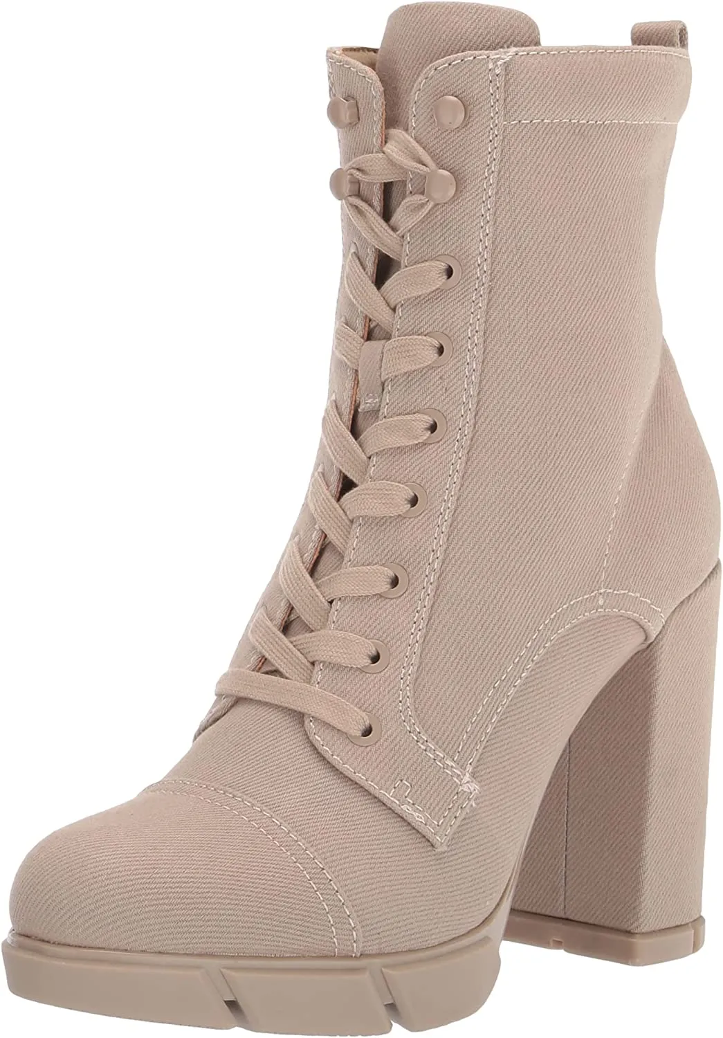 Nine West Vega7 Light Natural Lace Up Textile Rounded Toe Block Heel Ankle Boots