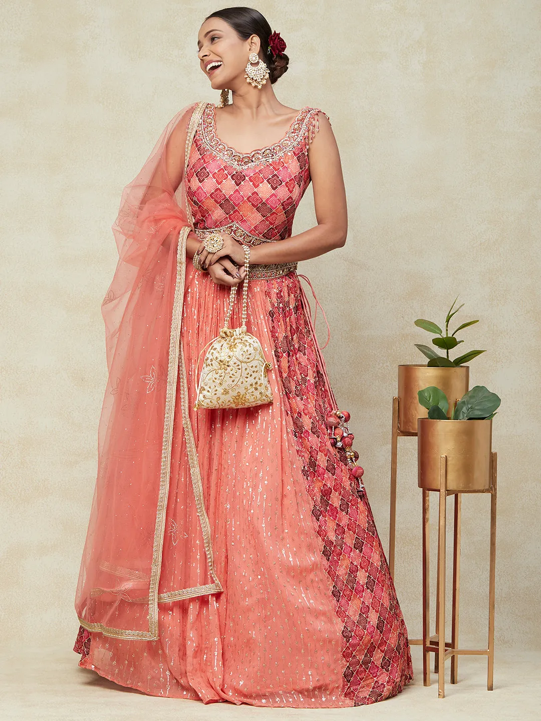Peach Georgette Lehenga With Kadai Handwork