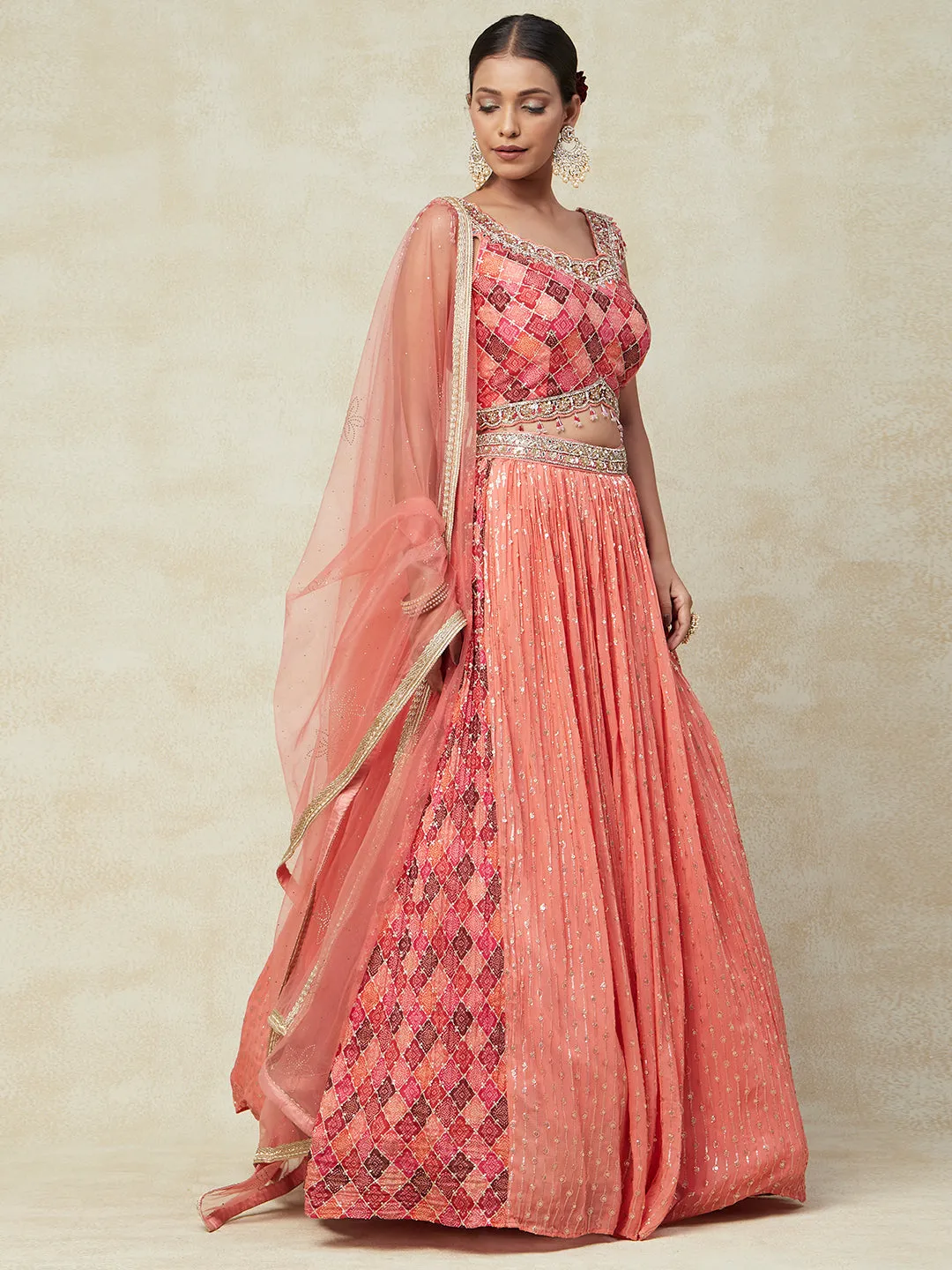 Peach Georgette Lehenga With Kadai Handwork