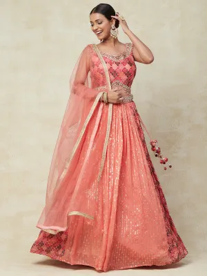 Peach Georgette Lehenga With Kadai Handwork