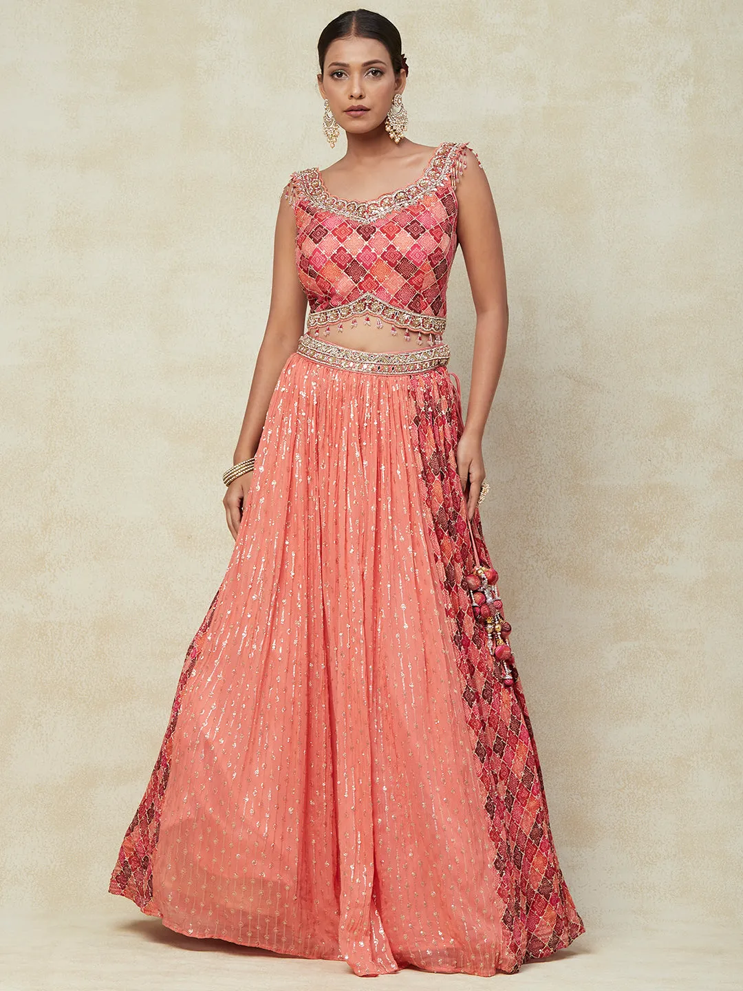 Peach Georgette Lehenga With Kadai Handwork
