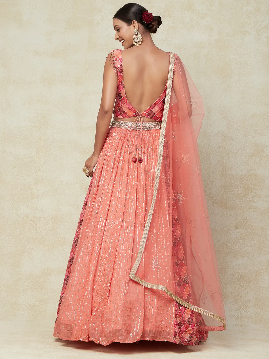 Peach Georgette Lehenga With Kadai Handwork
