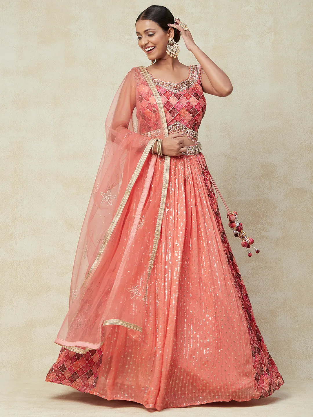 Peach Georgette Lehenga With Kadai Handwork