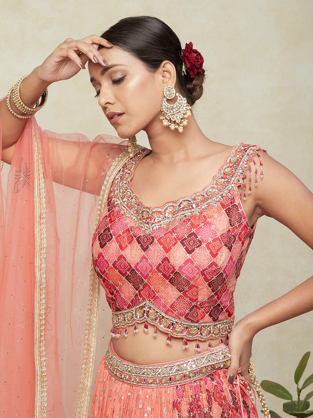 Peach Georgette Lehenga With Kadai Handwork