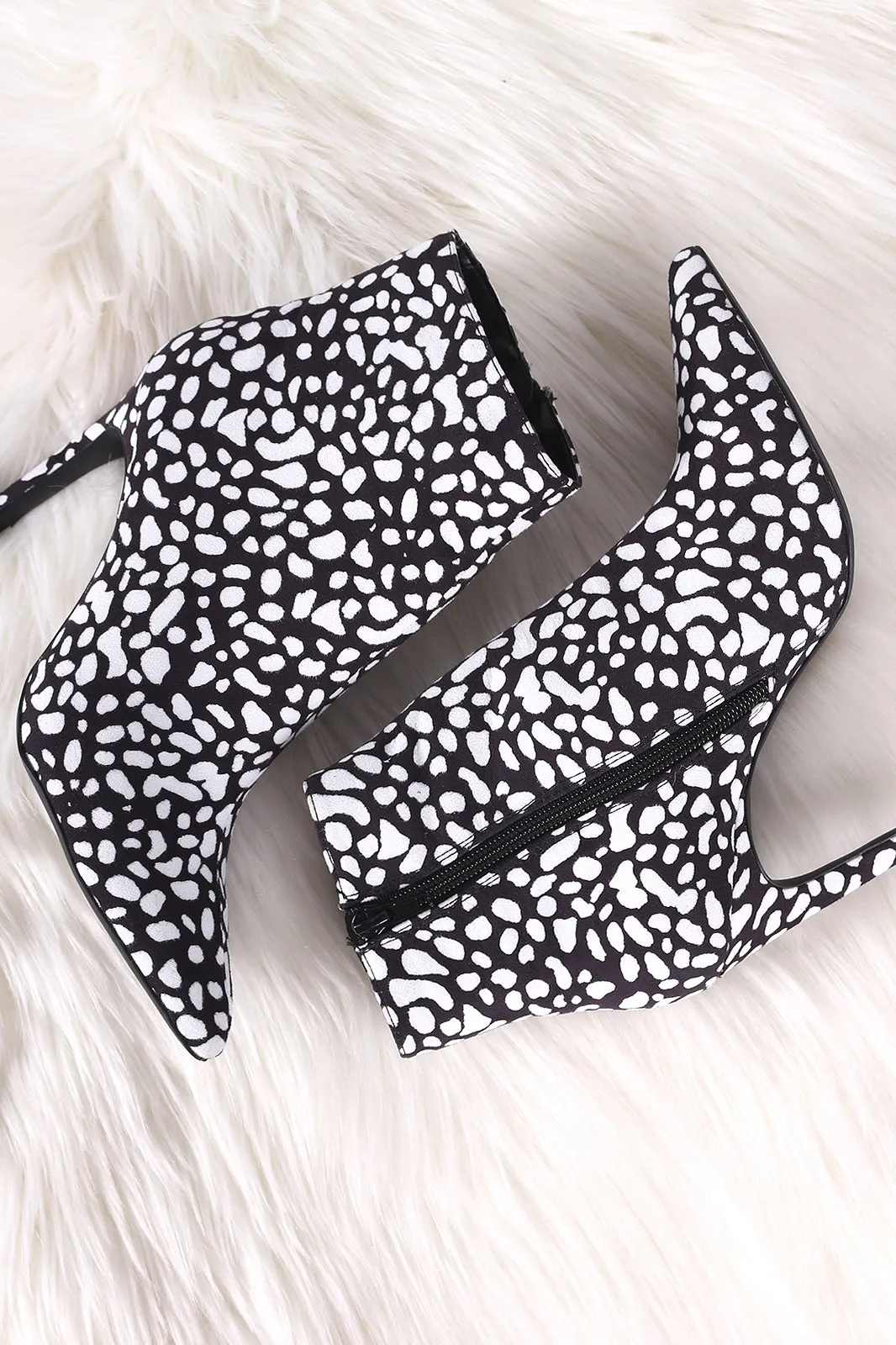 Qupid Spotted Suede Pointy Toe Kitten Heeled Booties