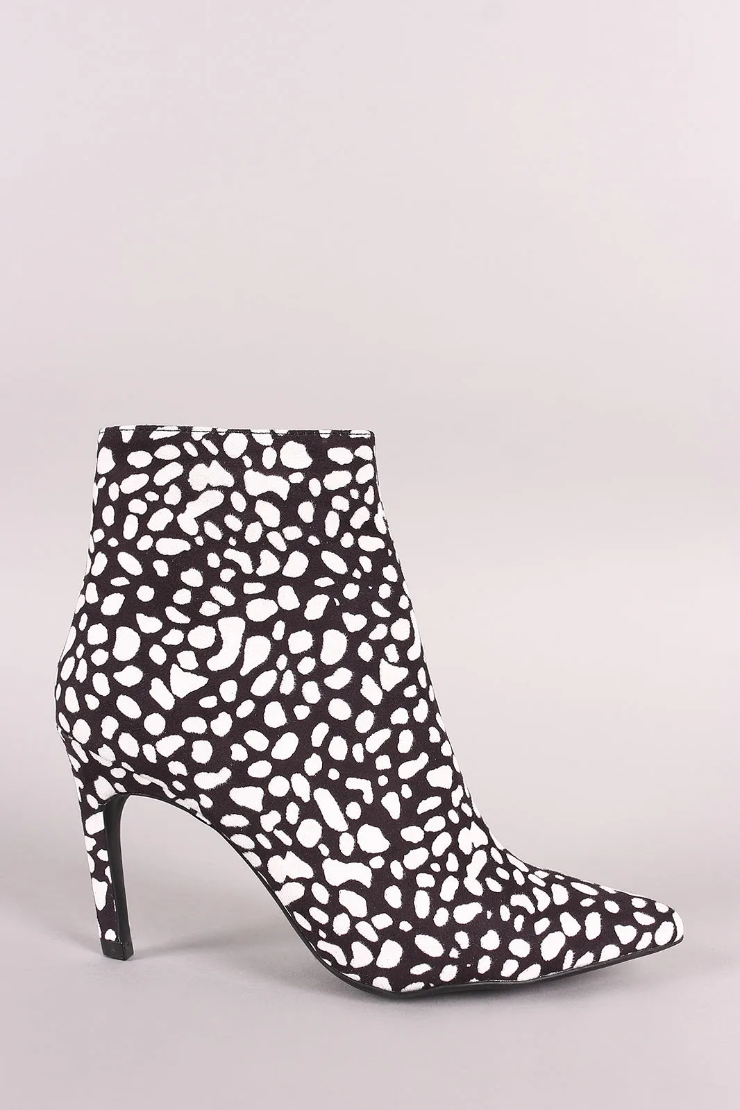 Qupid Spotted Suede Pointy Toe Kitten Heeled Booties
