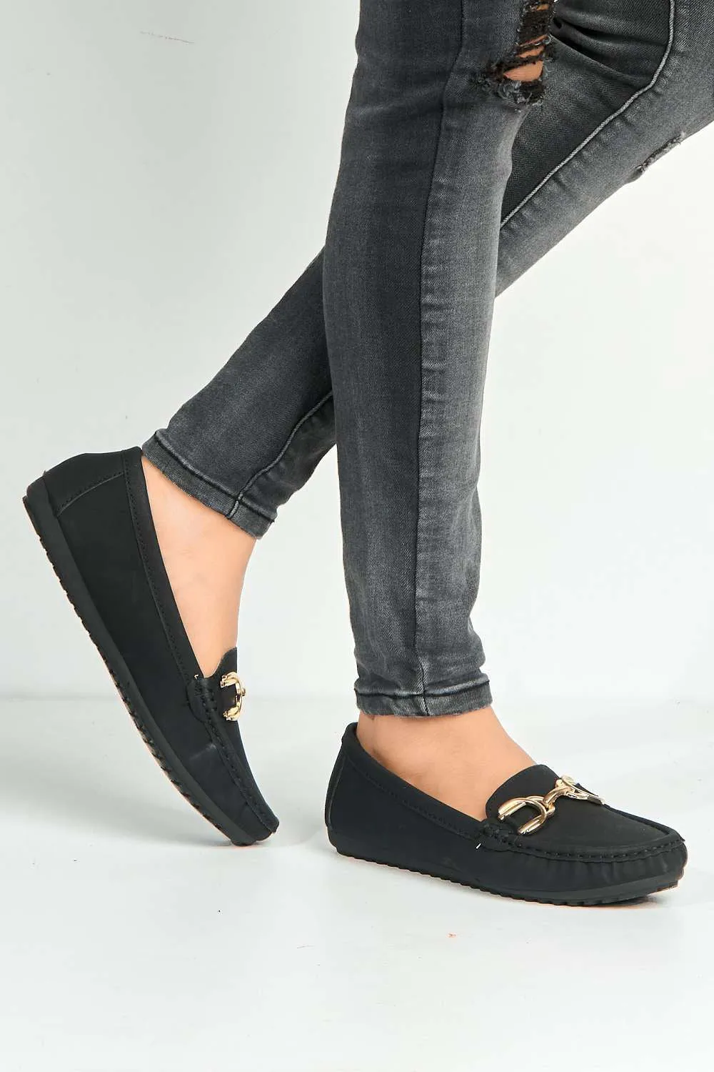 Ruby Square Toe Loafers with Metal Link Detail in Black