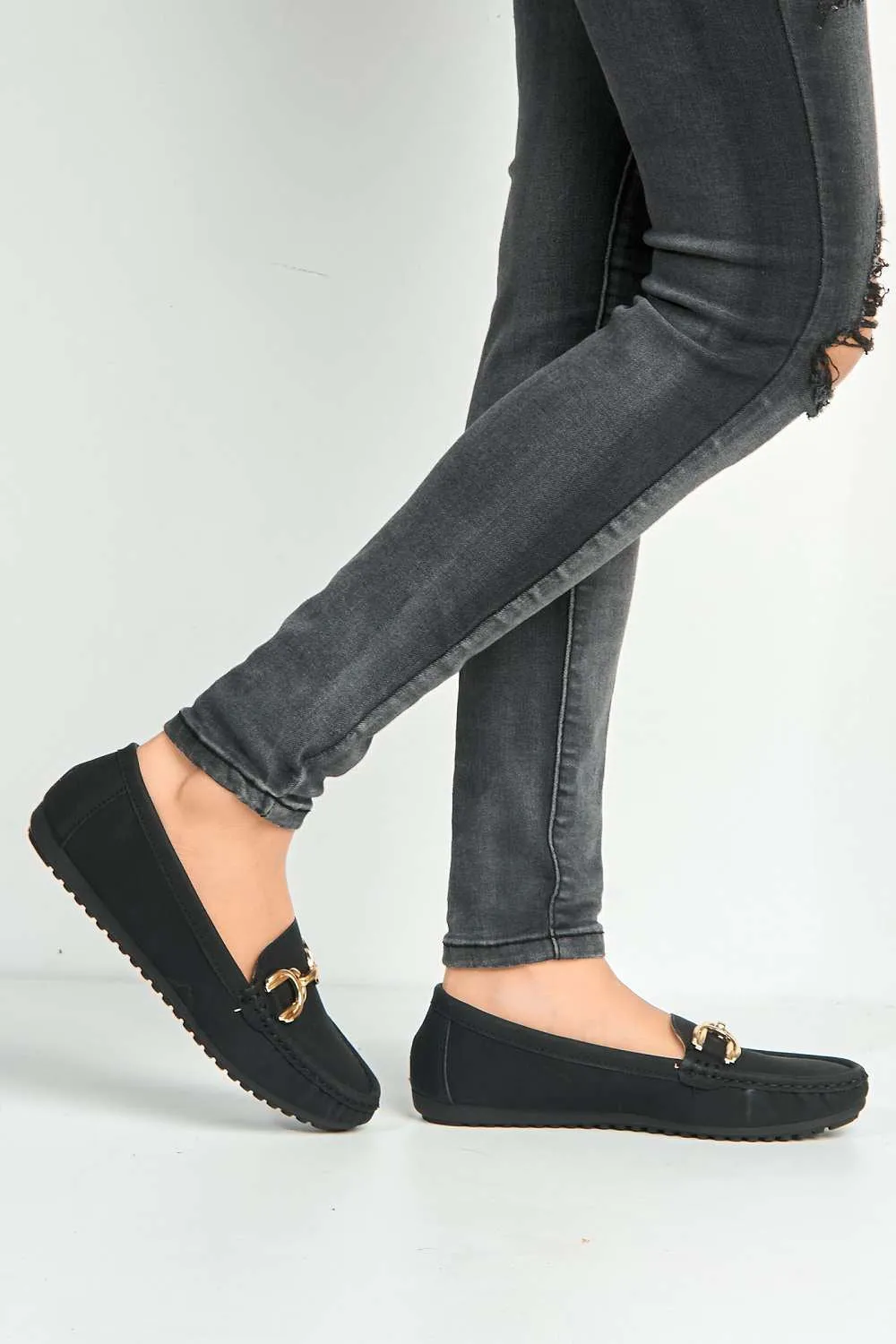 Ruby Square Toe Loafers with Metal Link Detail in Black