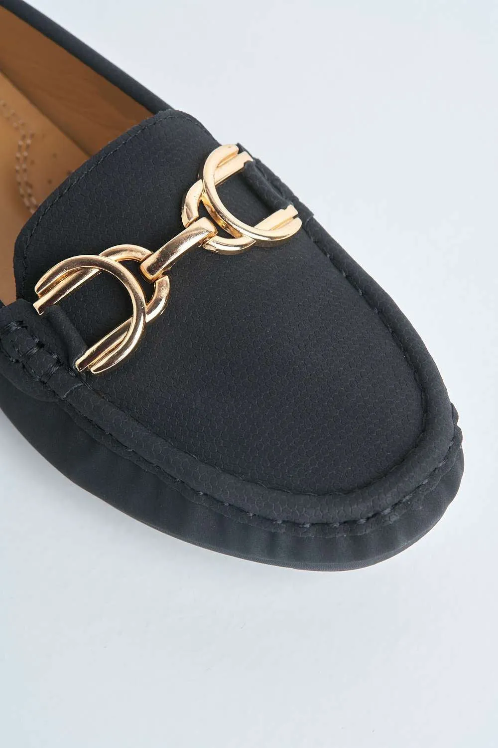 Ruby Square Toe Loafers with Metal Link Detail in Black