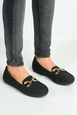 Ruby Square Toe Loafers with Metal Link Detail in Black