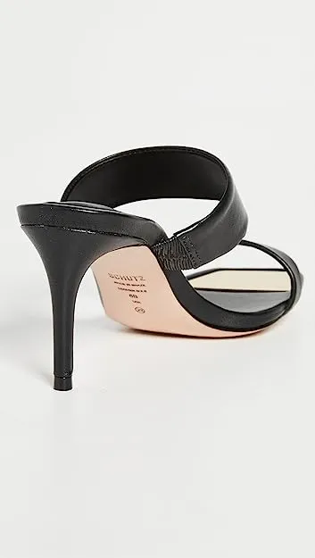 Schutz Aruana Black Double Strap Gold Trim Slip On Open Toe High Heel Sandals