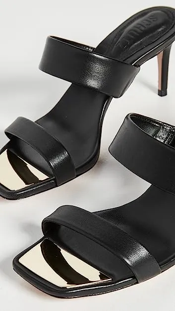 Schutz Aruana Black Double Strap Gold Trim Slip On Open Toe High Heel Sandals