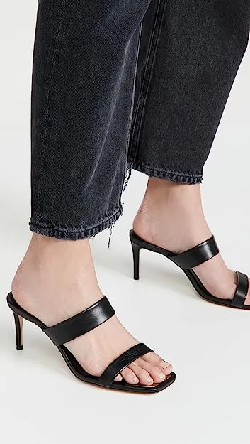Schutz Aruana Black Double Strap Gold Trim Slip On Open Toe High Heel Sandals