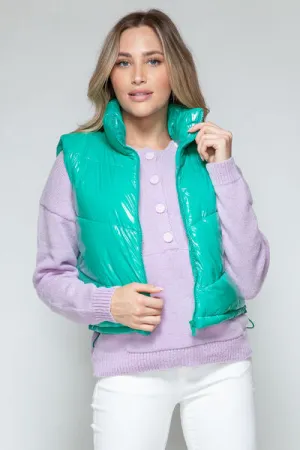 Snobbish Zip Up Turtleneck Shiny Quilted Vest (Teal)